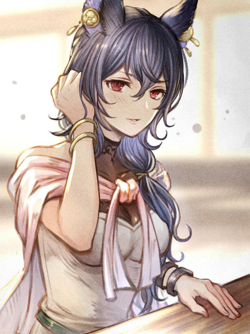 1girl, animal_ears, black_hair, bracelet, casual, earrings, erune, eustace-flamek