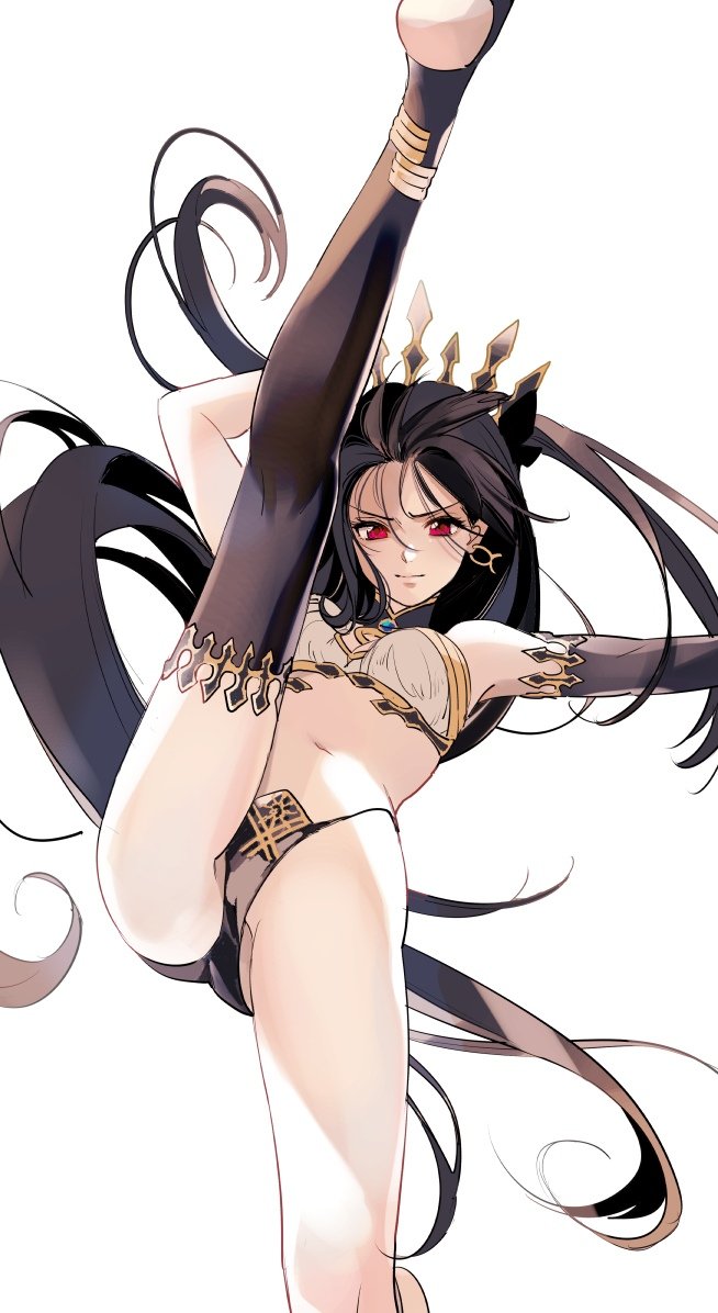 1girl, akao_ppai, ass, bare_shoulders, black_gloves, black_hair, breasts, crown, earrings, elbow_gloves, fate/grand_order, fate_(series), gloves, ishtar_(fate/grand_order), jewelry, leg_up, long_hair, looking_at_viewer, midriff, navel, red_eyes, simple_background, single_glove, single_thighhigh, soles, solo, thigh-highs, two_side_up, very_long_hair, white_background