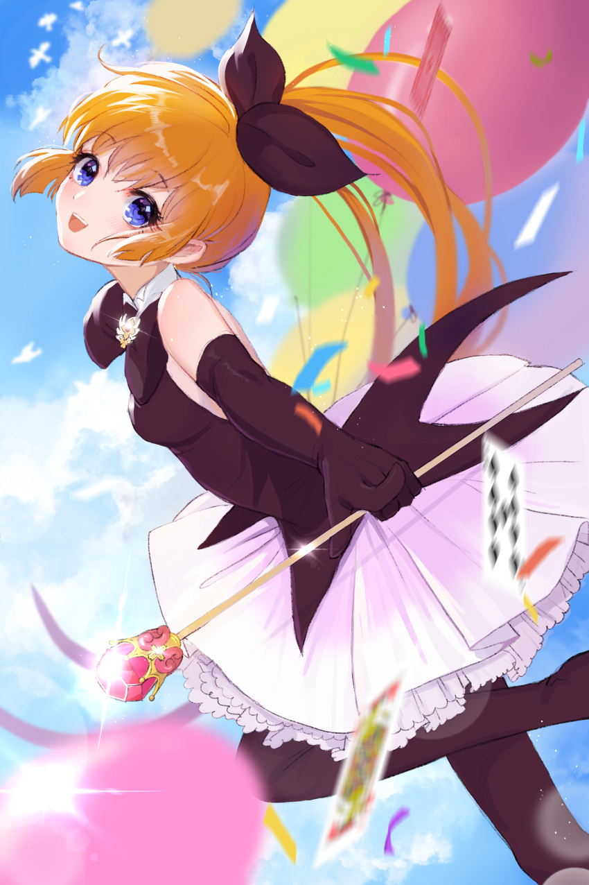 1girl, absurdres, ama_(997841291), black_bow, black_gloves, black_legwear, bow, card, confetti, cowboy_shot, elbow_gloves, gloves, hair_bow, haneoka_meimi, highres, kaitou_saint_tail, long_hair, looking_at_viewer, magical_girl, open_mouth, pointing, pointing_at_viewer, ponytail, ribbon, ruffled_skirt, saint_tail, skirt, solo, teeth, wand, white_skirt