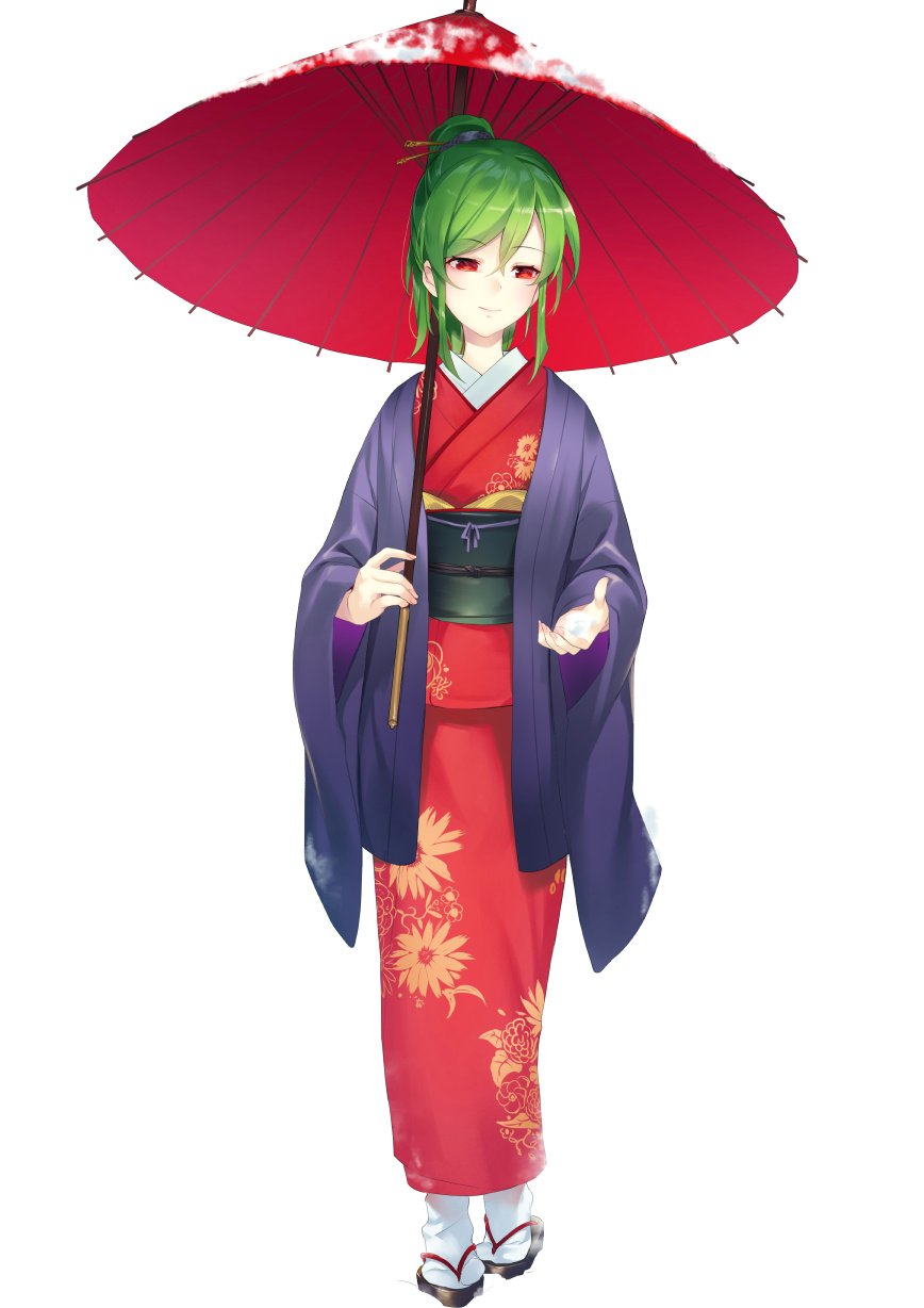 1girl, alternate_costume, alternate_hairstyle, asutora, bangs, black_footwear, black_sash, blush, commentary_request, eyebrows_visible_through_hair, floral_print, full_body, green_hair, haori, highres, holding, holding_umbrella, japanese_clothes, kazami_yuuka, kimono, long_sleeves, looking_at_viewer, oriental_umbrella, ponytail, red_eyes, red_kimono, red_umbrella, sandals, sash, short_hair, simple_background, smile, socks, solo, standing, touhou, umbrella, white_background, white_legwear, wide_sleeves