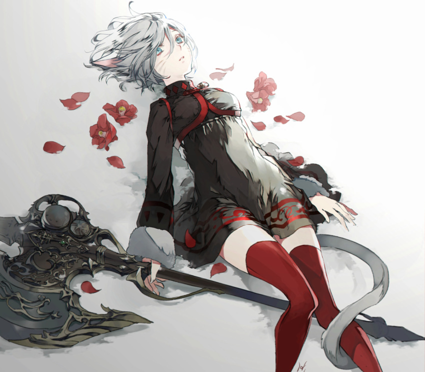 1girl, animal_ears, axe, battle_axe, black_dress, blue_eyes, cat_ears, cat_tail, dress, facial_mark, final_fantasy, final_fantasy_xiv, flower, fur_trim, holding, holding_axe, holding_weapon, hug_ff14, lying, miqo'te, on_back, petals, red_legwear, short_hair, silver_hair, solo, tail, thigh-highs, warrior_(final_fantasy), weapon, whisker_markings, white_background