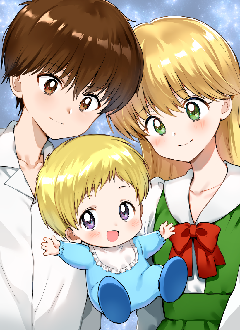 1girl, 2boys, bib, blonde_hair, blush, bow, brown_hair, daa!_daa!_daa!