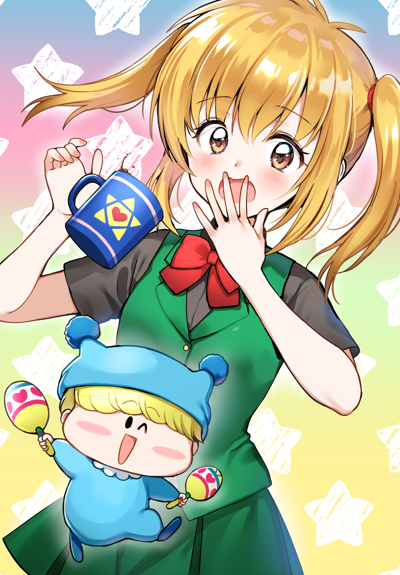 1boy, 1girl, baby, blush, blush_stickers, brown_eyes, brown_hair, covering_mouth