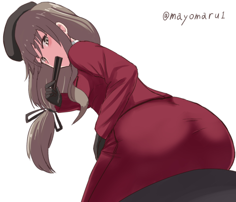 1girl, ass, bangs, beret, black_gloves, black_ribbon, brown_eyes, brown_hair