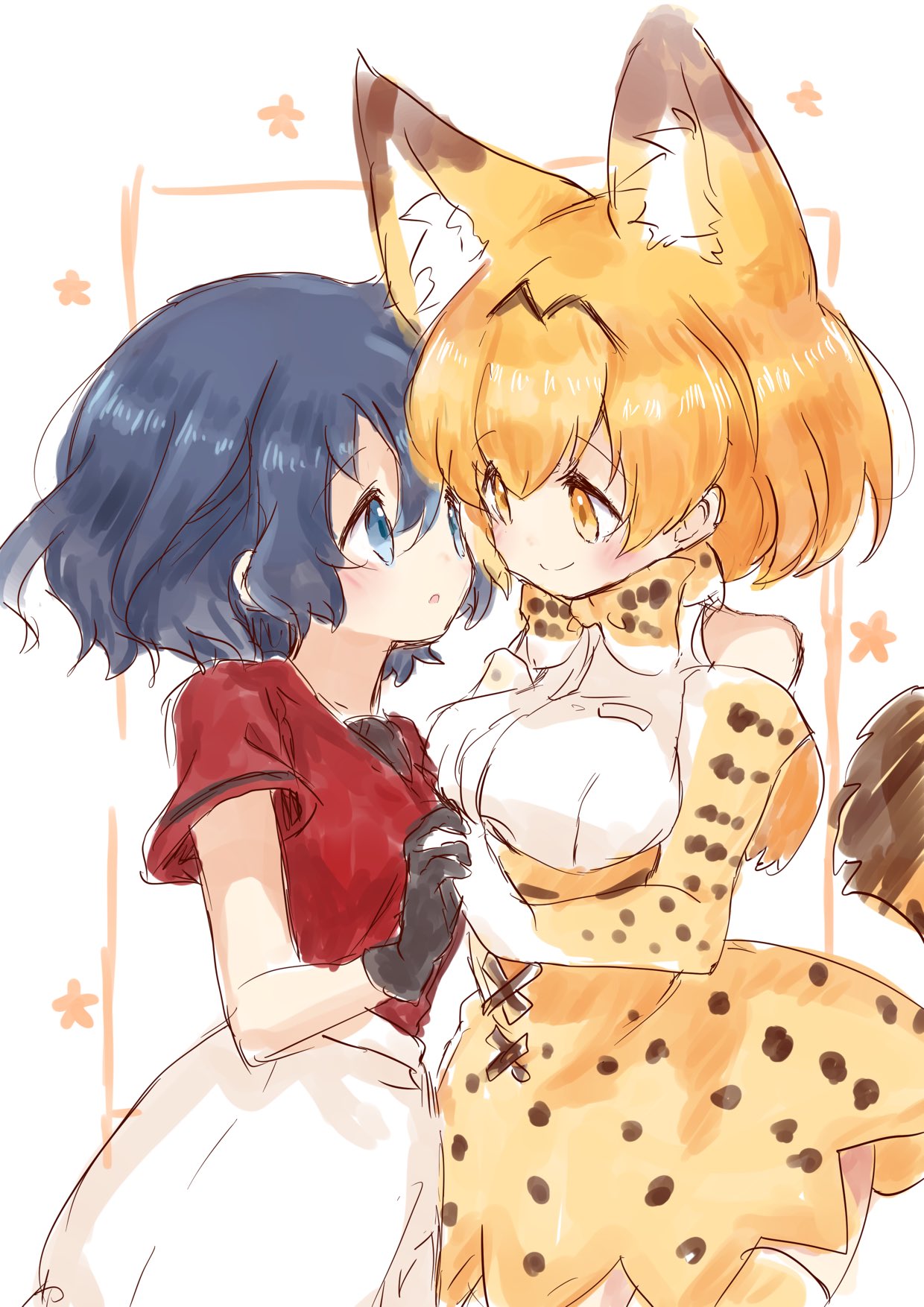 2girls, animal_ears, black_hair, blonde_hair, face-to-face, gloves, highres, kaban_(kemono_friends), kemono_friends, life_neko72, looking_at_another, multiple_girls, serval_(kemono_friends), short_hair, smile, tail, yuri