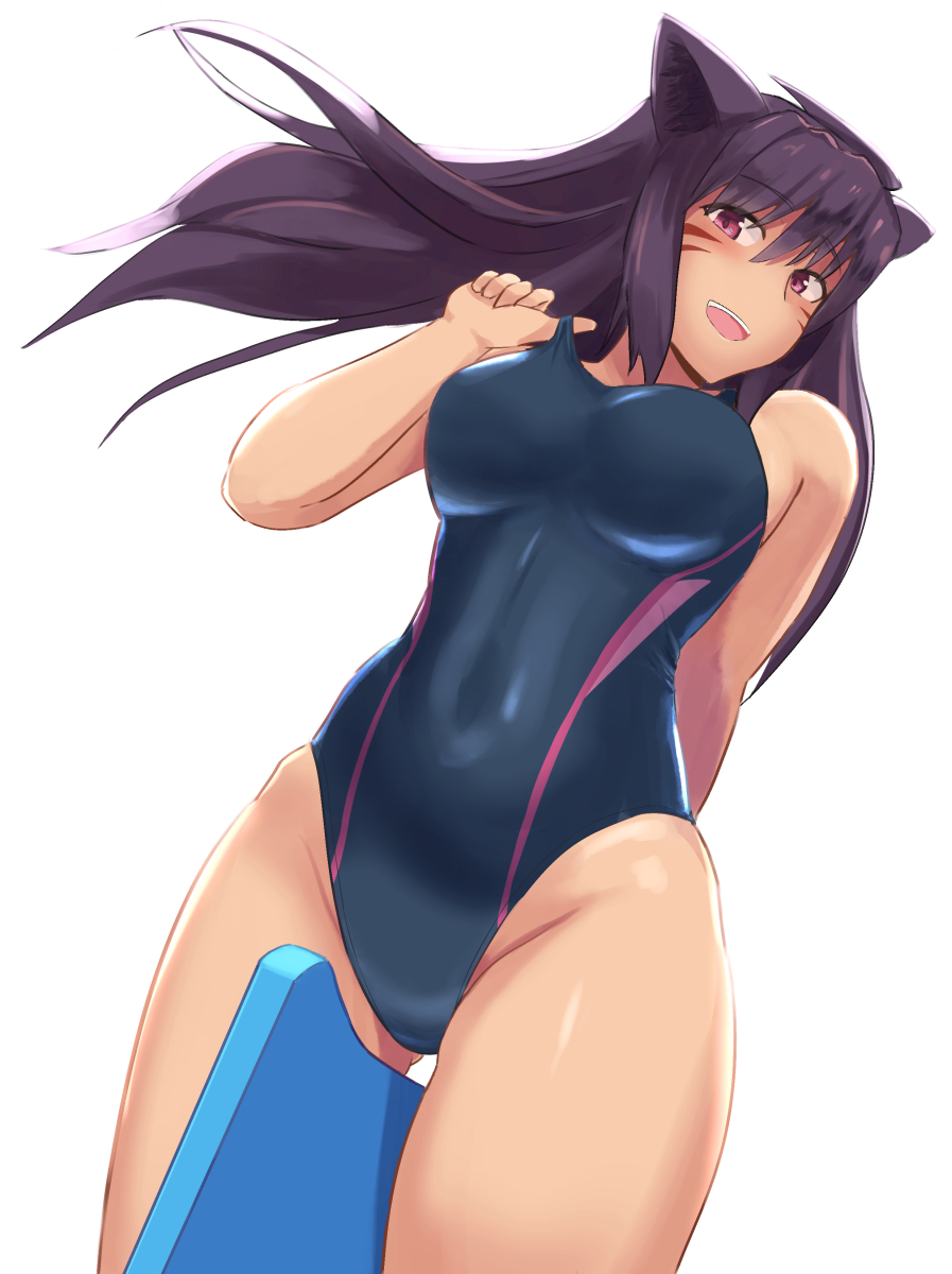 1girl, adjusting_clothes, adjusting_swimsuit, animal_ears, arm_behind_back, ass_visible_through_thighs, bangs, between_legs