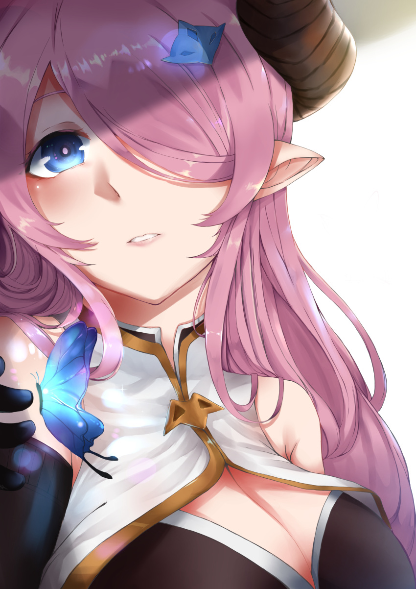 1girl, absurdres, blue_eyes, blush, breasts, bug, butterfly, commentary