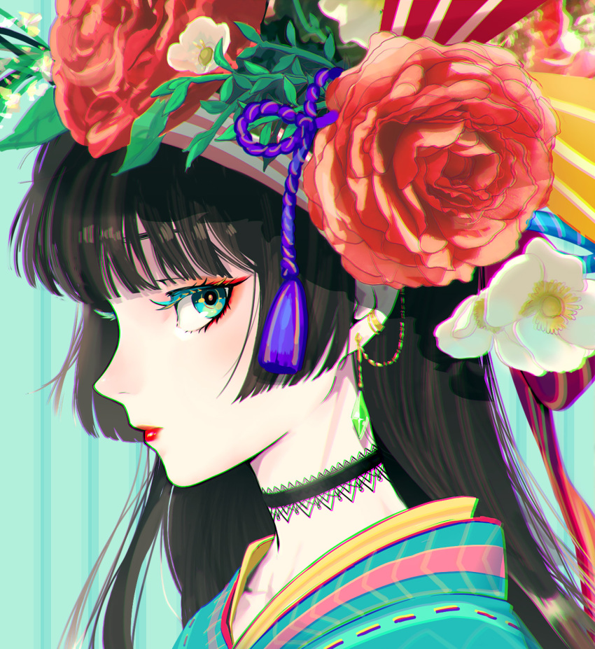 1girl, aqua_background, aqua_eyes, bangs, black_hair, blunt_bangs, choker, closed_mouth