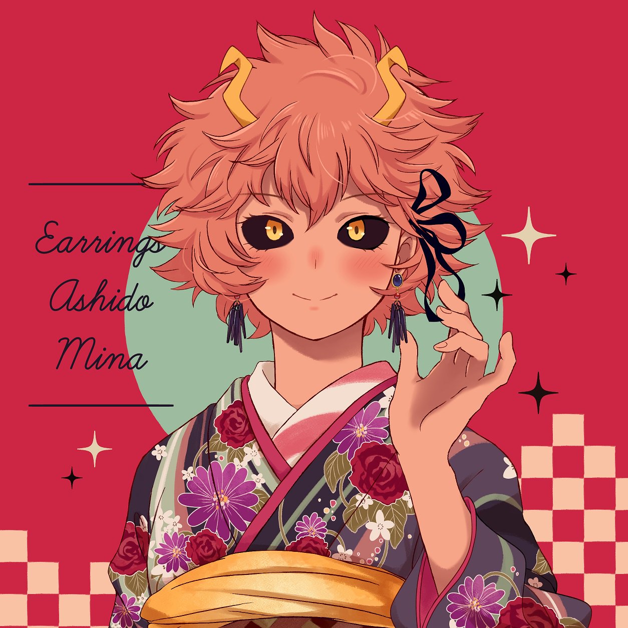 1girl, adjusting_earrings, ashido_mina, black_ribbon, black_sclera, blue_kimono, blush, boku_no_hero_academia