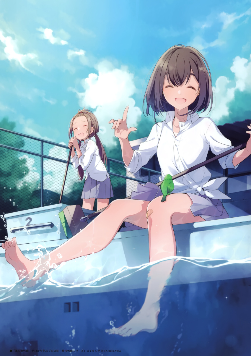 2girls, :d, ^_^, absurdres, bandaid, bandaid_on_knee, bangs, bare_legs, barefoot, bird, bird_on_leg, blue_sky, bob_cut, broom, chain-link_fence, closed_eyes, clouds, diving_block, dress_shirt, facing_viewer, feet, fence, highres, hot, index_finger_raised, long_hair, multiple_girls, open_mouth, original, outdoors, partially_underwater_shot, pleated_skirt, pool, poolside, scan, school_uniform, shirt, short_hair, skirt, sky, smile, soaking_feet, splashing, sunlight, tied_shirt, twintails, u35, water, wet, white_shirt