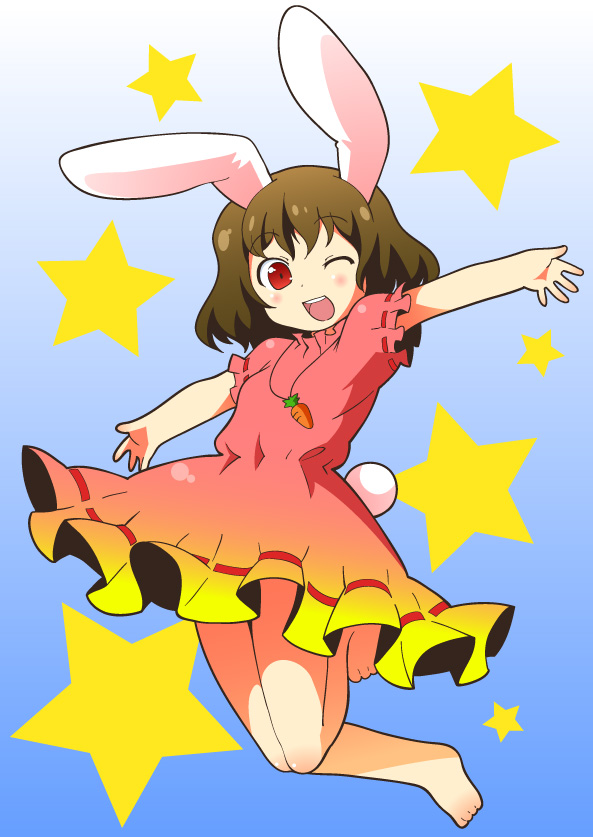 azuharu, azumiharu, barefoot, black_hair, blush, bunny_ears, bunny_tail, carrot, dress, hito, inaba_tewi, jewelry, jumping, leg_lift, necklace, rabbit_ears, red_eyes, short_hair, star, stars, tail, touhou, wink