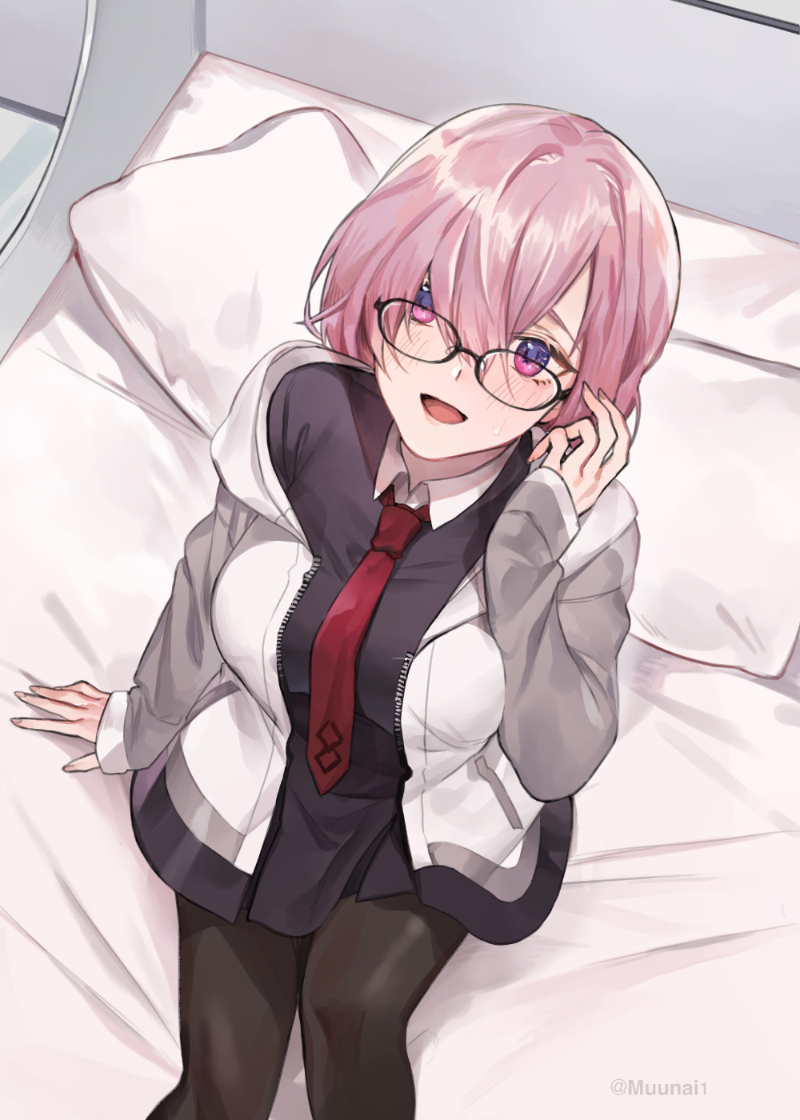 bed, black-framed_eyewear, black_dress, black_legwear, chaldea_uniform, dress, fate/grand_order, fate_(series)