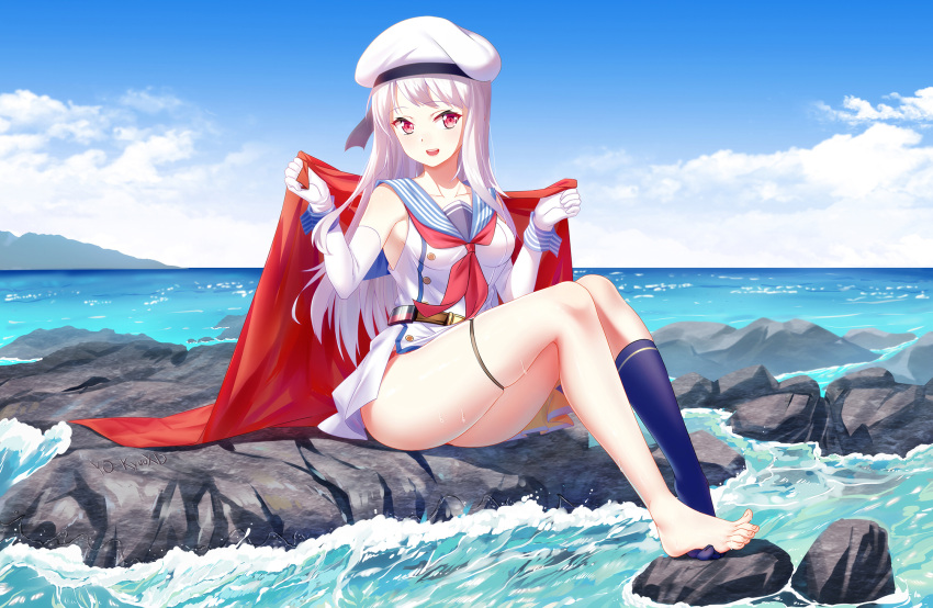 1girl, belt, black_legwear, blue_sky, cang_se_ye_hua, changchun_(warship_girls_r), collarbone, day