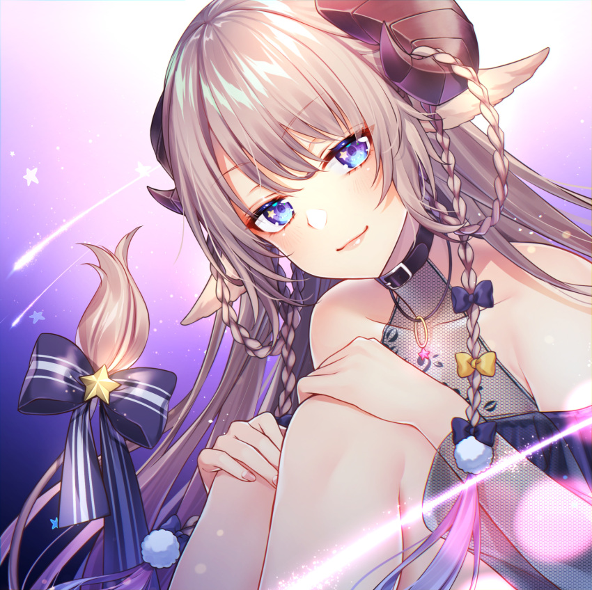 1girl, animal_ears, bangs, bare_shoulders, blue_bow, blue_eyes, blush, bow