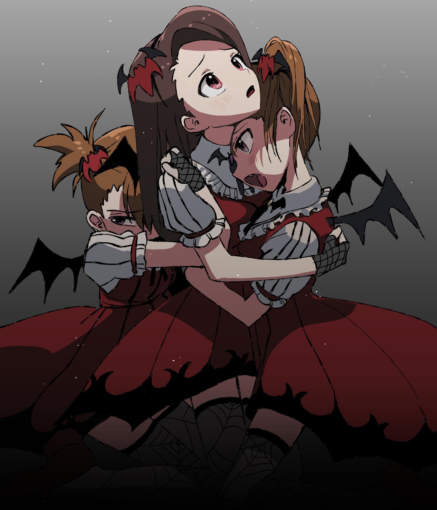 3girls, bat_hair_ornament, bat_wings, black_gloves, black_legwear, brown_eyes, brown_hair, dress