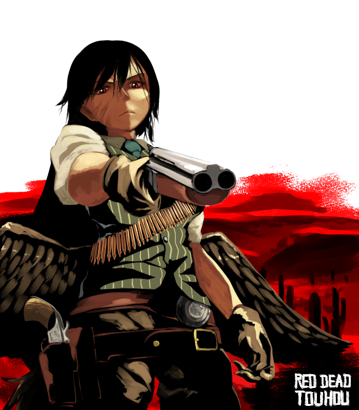 belt_buckle, black_hair, buckle, bullet_belt, double_barrels, english_text, feathered_wings, gloves