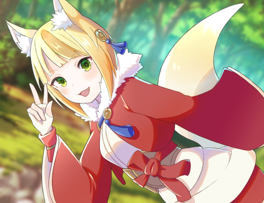 1girl, animal_ear_fluff, animal_ears, blonde_hair, dutch_angle, fang, fingerless_gloves, fire_emblem, fire_emblem_fates, fire_emblem_heroes, fox_ears, fox_tail, fur_trim, gloves, green_eyes, hair_ornament, highres, kaerukeroro1, open_mouth, outdoors, selkie_(fire_emblem), solo, tail, tree, v