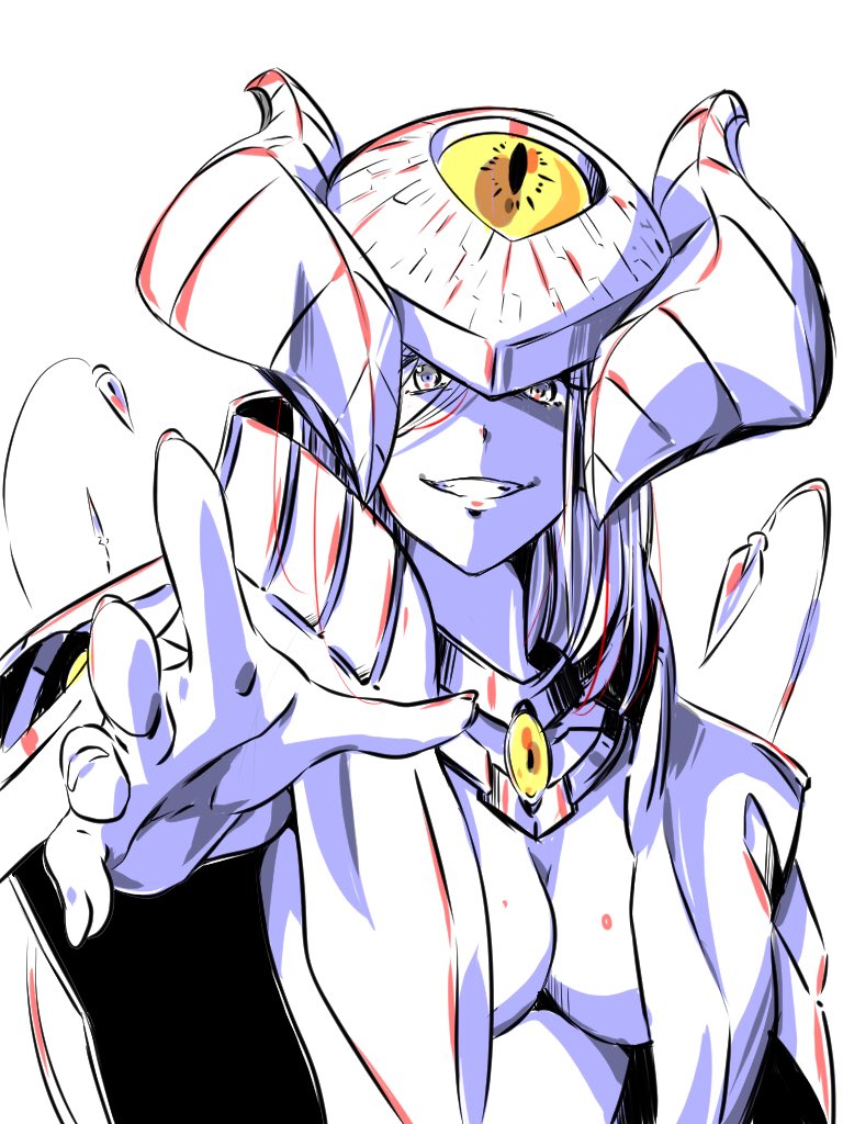1girl, artist_request, breasts, commentary_request, fingernails, granbelm, grin, hair_between_eyes