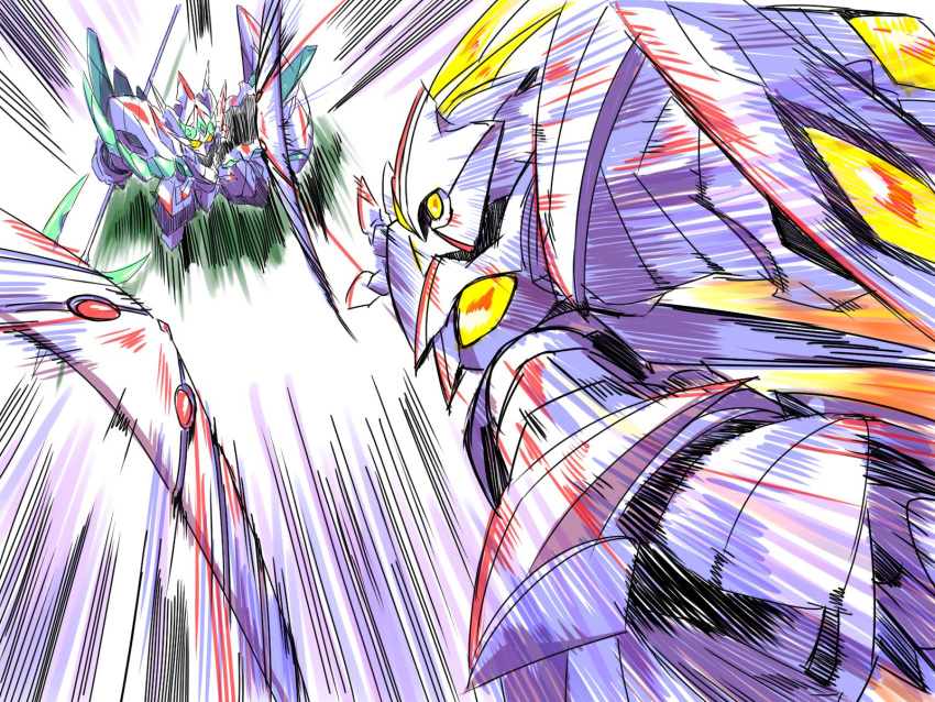 aconite_gris, artist_request, attack, boomerang, commentary_request, crest_anthurium, granbelm, halberd, highres, mecha, no_humans, polearm, sketch, speed_lines, weapon, white_background, yellow_eyes