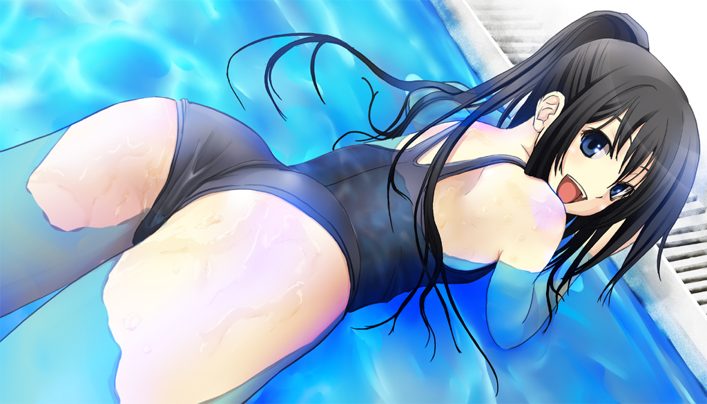 bad_id, black_hair, blue_eyes, hagetaka, long_hair, one-piece_swimsuit, original, ponytail