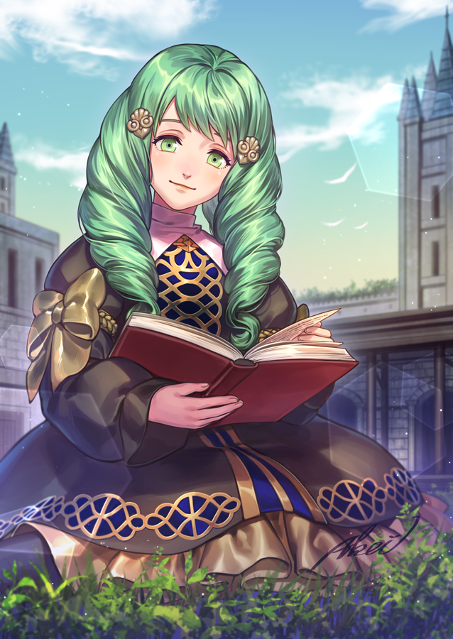 1girl, artist_name, bird, book, bow, clouds, dress, drill_hair