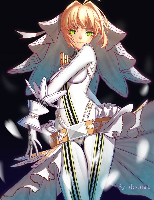 1girl, ahoge, bangs, belt, blonde_hair, breasts, bridal_veil, chain