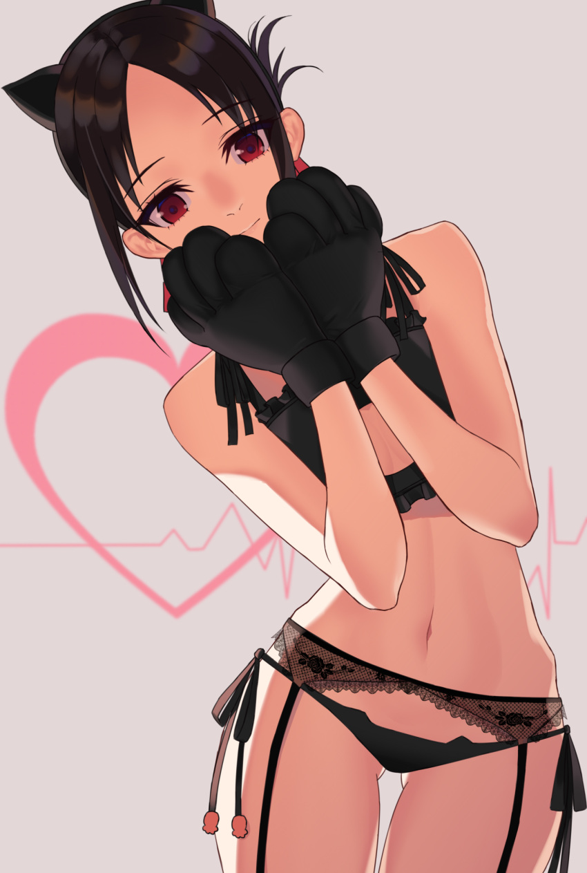 1girl, animal_ears, bangs, black_gloves, black_hair, black_panties, blush, cat_ears