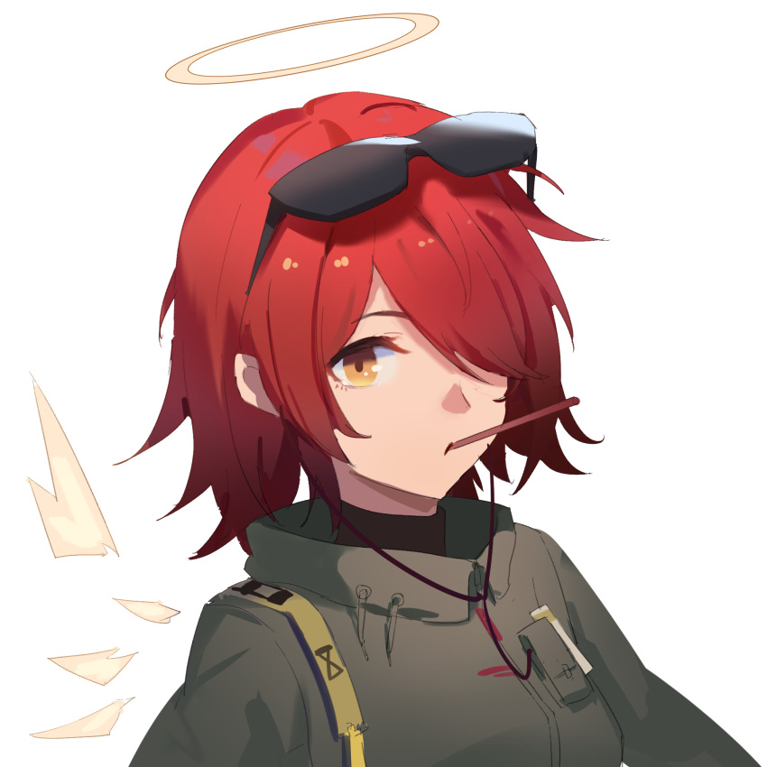 1girl, arknights, bangs, brown_eyes, closed_mouth, exusiai_(arknights), eyebrows_visible_through_hair, eyewear_on_head