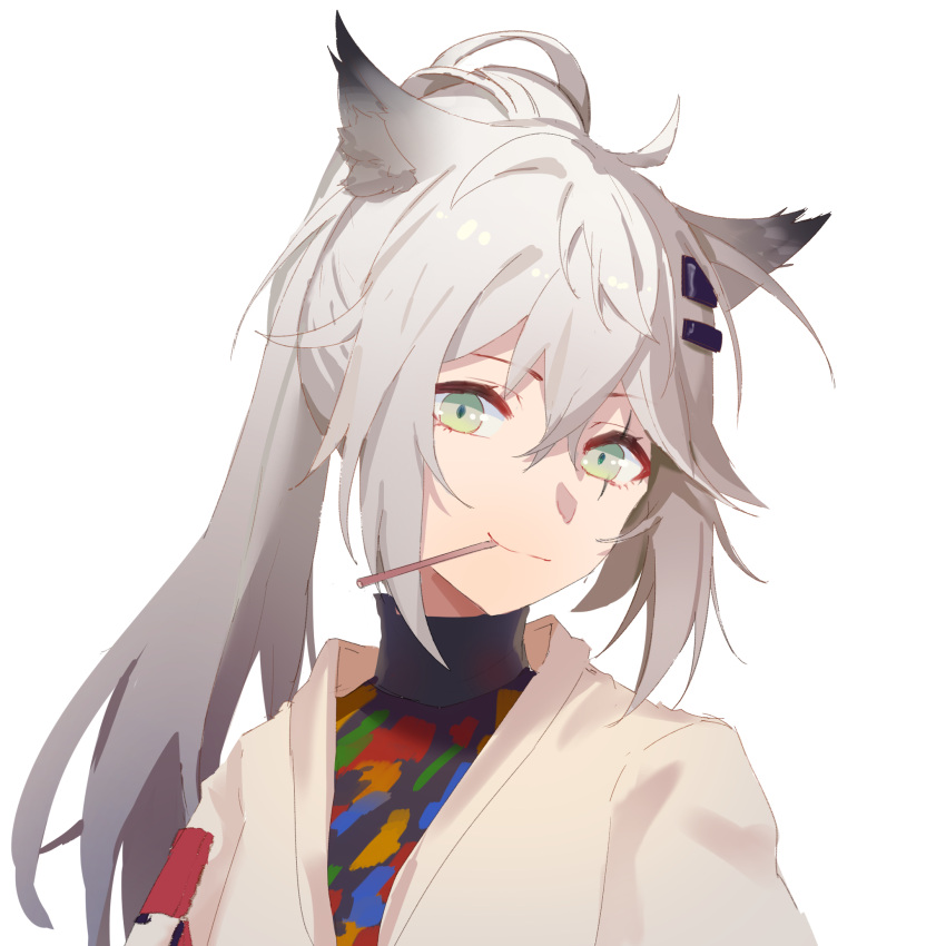 1girl, animal_ear_fluff, animal_ears, arknights, bangs, black_shirt, closed_mouth, eyebrows_visible_through_hair