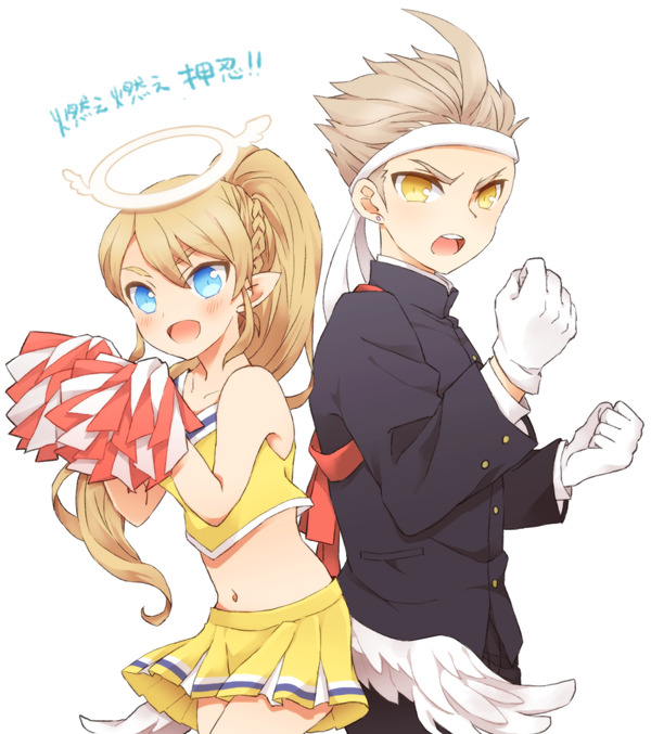 1boy, 1girl, alvin_granford, angel, angel_wings, blonde_hair, blue_eyes, blush, cheerleader, crop_top, crop_top_overhang, gakuran, gloves, halo, headband, light_brown_hair, liliana_hart, low_wings, midriff, open_mouth, panunpa, pleated_skirt, pom_poms, pop-up_story, school_uniform, shirt, skirt, sleeveless, sleeveless_shirt, smile, spiky_hair, white_gloves, wings, yellow_eyes