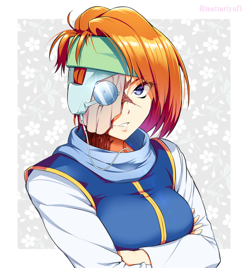 1girl, absurdres, blue_eyes, breasts, brown_hair, crossed_arms, facial_scar, floral_background, headband, highres, lips, mattari_yufi, monocle, mukuro_(yuu_yuu_hakusho), parted_lips, scar, scare, short_hair, simple_background, solo, twitter_username, upper_body, yuu_yuu_hakusho