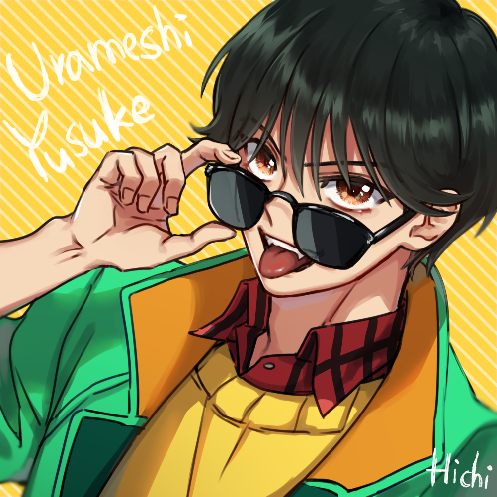 1boy, artist_name, brown_eyes, character_name, fangs, green_jacket, hair_down, hichi(hichi)