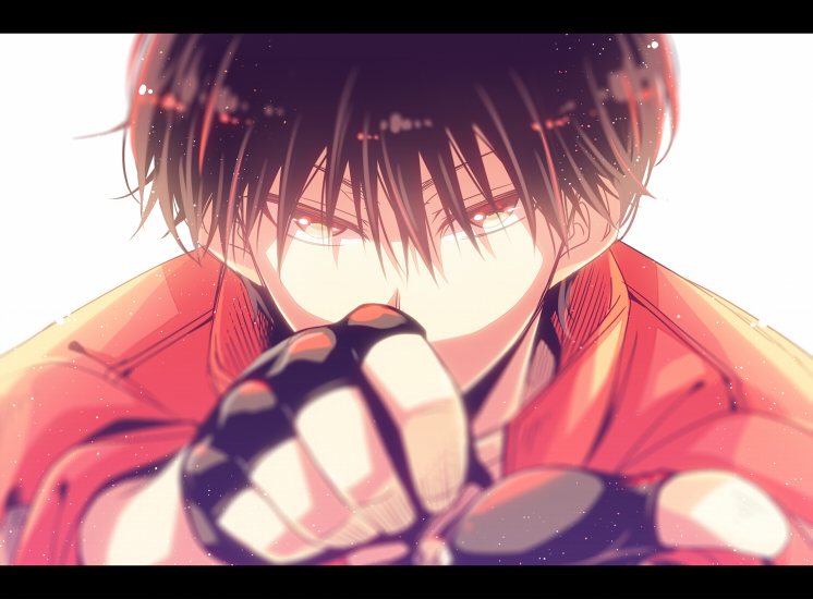 1boy, black_gloves, black_hair, face, fingerless_gloves, gloves, hagiri_kaname, jacket, looking_at_viewer, male_focus, portrait, red_eyes, red_jacket, rinko_(usoppachi), short_hair, soles, yuu_yuu_hakusho