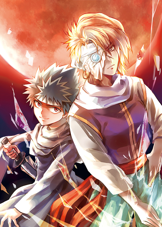 1boy, 1girl, black_hair, brown_hair, full_moon, headband, height_difference, hiei_(yuu_yuu_hakusho), holding, holding_sword, holding_weapon, looking_at_viewer, monocle, moon, mukuro_(yuu_yuu_hakusho), red_eyes, red_moon, sash, short_hair, smile, sword, upper_body, weapon, xiecangjie, yuu_yuu_hakusho