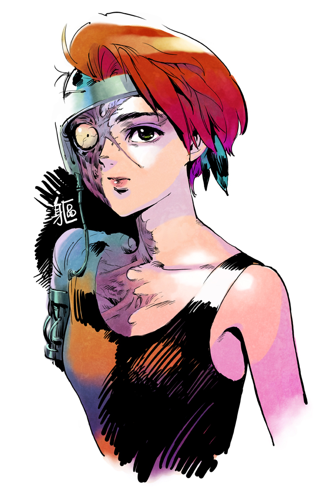 1girl, ahn_dongshik, brown_hair, facial_scar, green_eyes, headband, lips, mechanical_arm