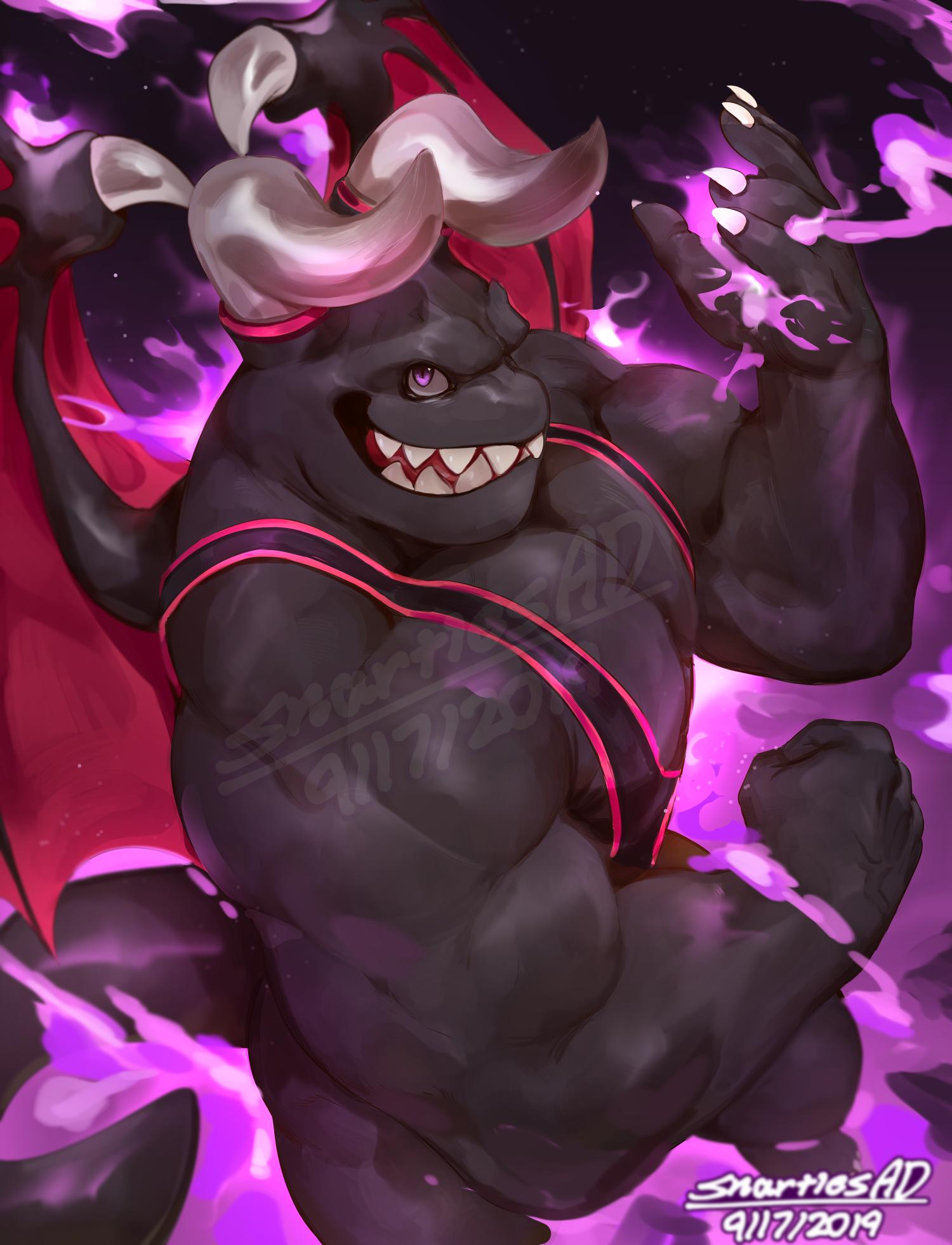 1boy, artist_name, clenched_hand, dated, dragaux, dragon, fire, flexing, furry, highres, horns, leotard, looking_at_viewer, male_focus, muscle, pose, purple_fire, ring_fit_adventure, sharp_teeth, snartles, teeth, violet_eyes, watermark, wings
