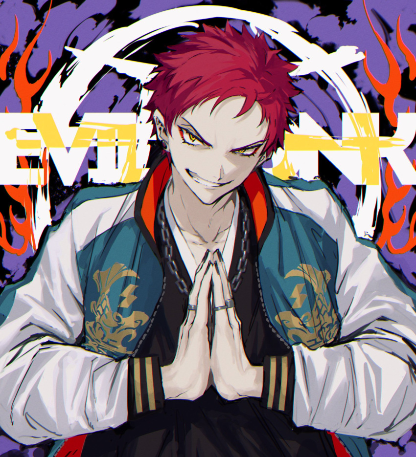 1boy, black_nails, chain, collarbone, earrings, hands_together, highres, jewelry