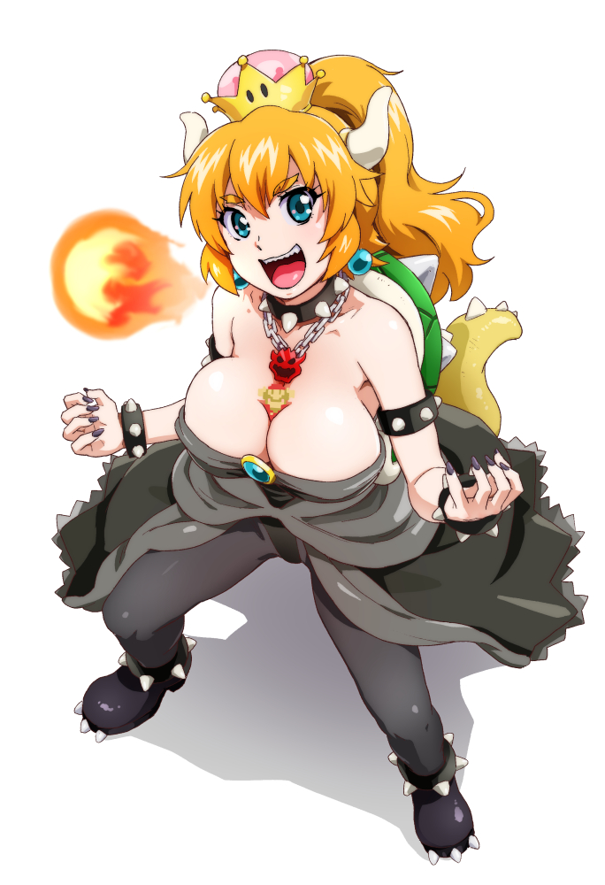 >:p, black_collar, black_dress, black_leotard, black_nails, blonde_hair, blue_earrings, bowser