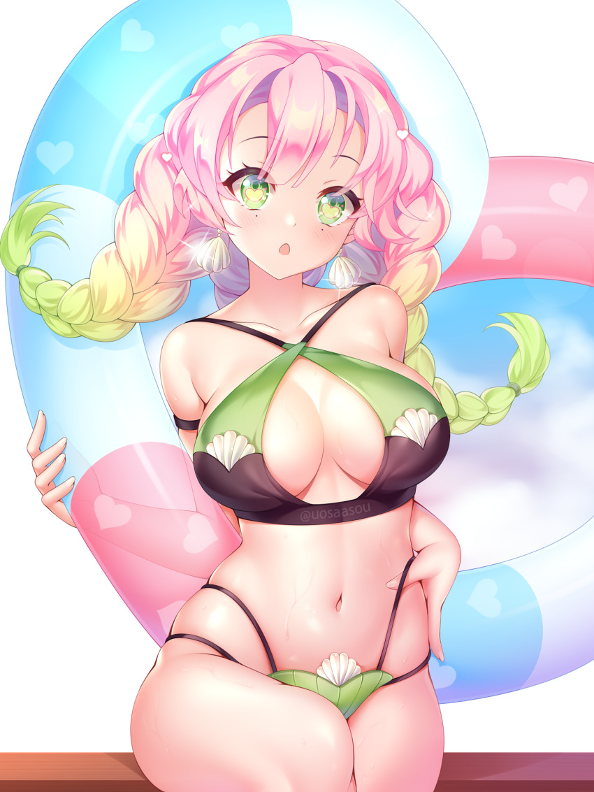 1girl, bikini, blush, braid, breasts, cowboy_shot, earrings, gradient_hair, green_eyes, heart, heart-shaped_pupils, heart_pattern, highres, innertube, jewelry, kanroji_matsuri, kimetsu_no_yaiba, large_breasts, looking_at_viewer, midriff, mole, multicolored_hair, navel, open_mouth, pink_hair, shell_earrings, sitting, solo, swimsuit, symbol-shaped_pupils, uosa