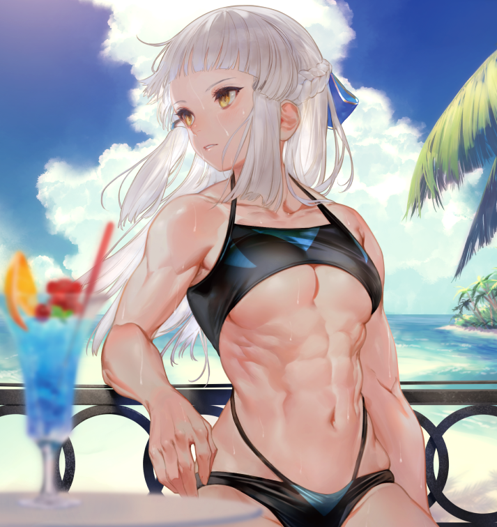 1girl, abs, bangs, biceps, bikini, blunt_bangs, bow, bra, breasts, collarbone, commentary_request, cup, drink, drinking_glass, drinking_straw, fate/grand_order, fate_(series), hair_bow, kodama_(wa-ka-me), long_hair, medium_breasts, muscle, muscular_female, navel, parted_lips, penthesilea_(fate/grand_order), sidelocks, solo, stomach, sweat, swimsuit, tropical_drink, under_boob, underwear, white_hair, yellow_eyes