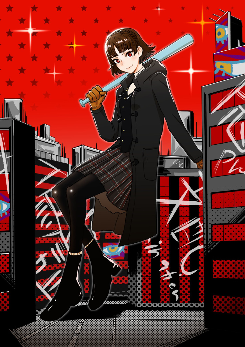 1girl, ankle_boots, atlus, baseball_bat, black_footwear, black_legwear, boots, braid