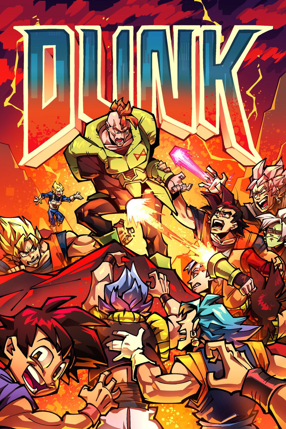 6+boys, android_16, bardock, blonde_hair, commentary, dav_(krooked_glasses), doom_(game), dragon_ball