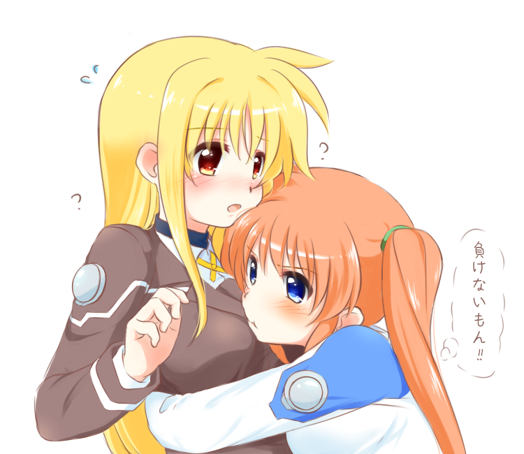 2girls, blonde_hair, blue_eyes, blush, breasts, confused, couple, fate_testarossa