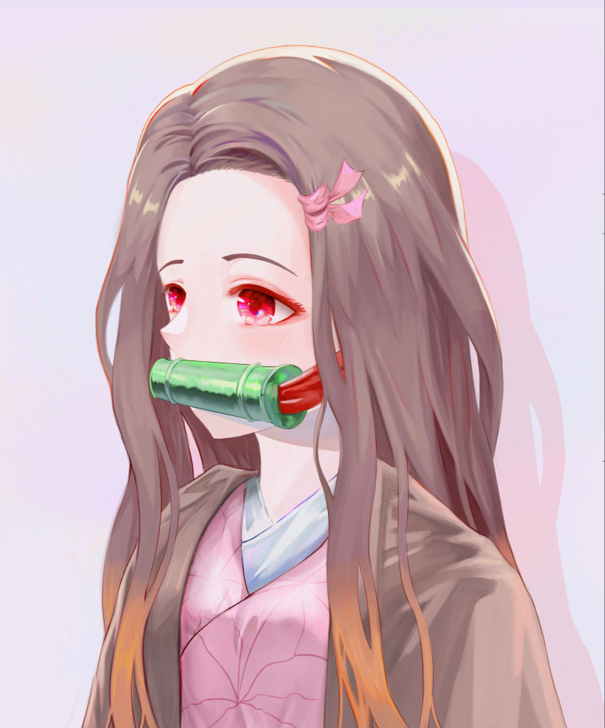 1girl, bamboo, bangs, bit_gag, black_hair, blush, brown_hair, commentary_request