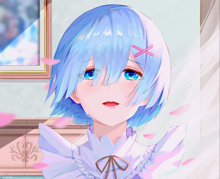 1girl, artist_name, bangs, blue_eyes, blue_hair, blush, commentary_request, crying, dated, eyebrows_visible_through_hair, face, hair_between_eyes, hair_ornament, highres, indoors, looking_at_viewer, open_mouth, re:zero_kara_hajimeru_isekai_seikatsu, red_ribbon, rem_(re:zero), ribbon, short_hair, solo, tears, werlt, x_hair_ornament