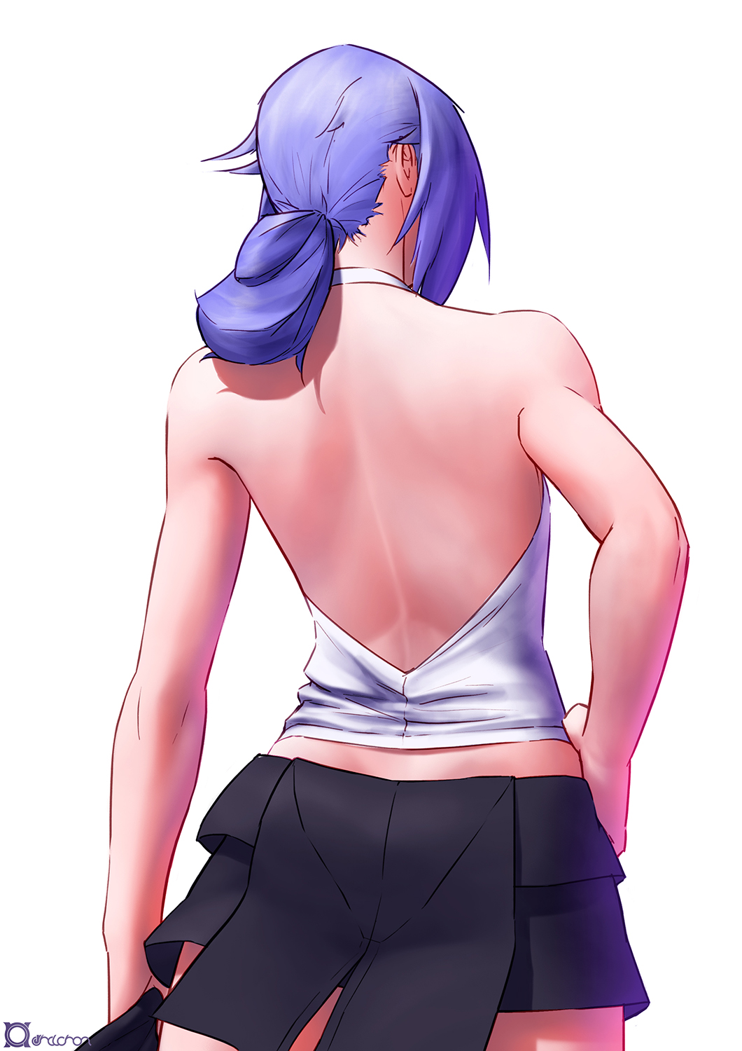 1girl, artist_name, back, criss-cross_halter, eyes_visible_through_hair, from_behind, hair_between_eyes, halter_top