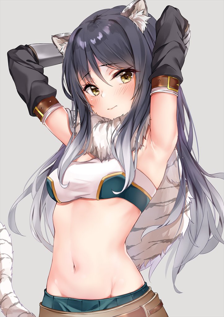 animal_ears, armpits, arms_up, belt, black_hair, blush, commentary_request, detached_sleeves