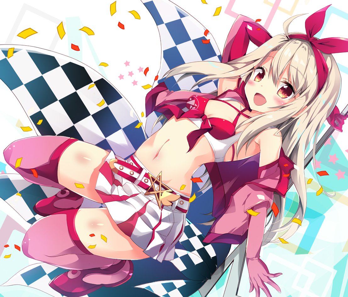 1girl, :d, alternate_costume, bangs, bare_shoulders, belt, blush, boots, breasts, checkered, checkered_flag, collarbone, criss-cross_halter, elbow_gloves, eyebrows_visible_through_hair, fate/kaleid_liner_prisma_illya, fate_(series), flag, front-tie_top, full_body, gloves, hair_between_eyes, hair_ribbon, hairband, halterneck, high_heel_boots, high_heels, holding, illyasviel_von_einzbern, long_hair, looking_at_viewer, maruchan., miniskirt, navel, off_shoulder, open_mouth, pentagram, pink_bikini_top, pink_footwear, pink_gloves, prisma_illya, racequeen, red_eyes, red_hairband, red_ribbon, ribbon, simple_background, skirt, small_breasts, smile, solo, star, stomach, tareme, thigh-highs, thigh_boots, very_long_hair, white_skirt