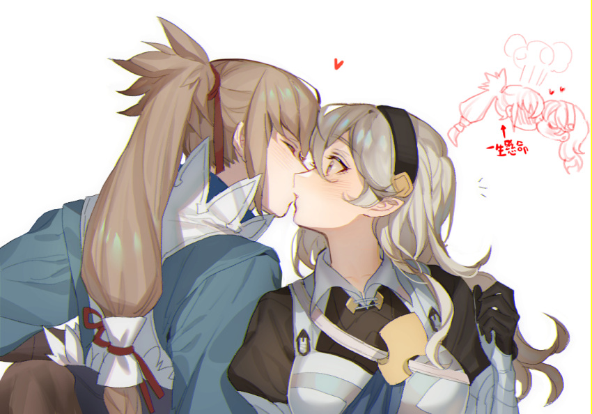 1boy, 1girl, blush, brown_hair, chibi, chibi_inset, closed_eyes, corrin_(fire_emblem)