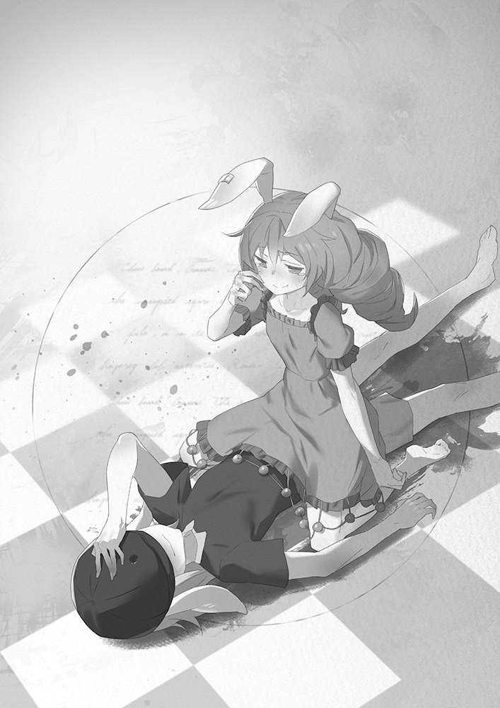 2girls, animal_ears, dress, girl_on_top, hat, hat_on_face, monochrome, multiple_girls